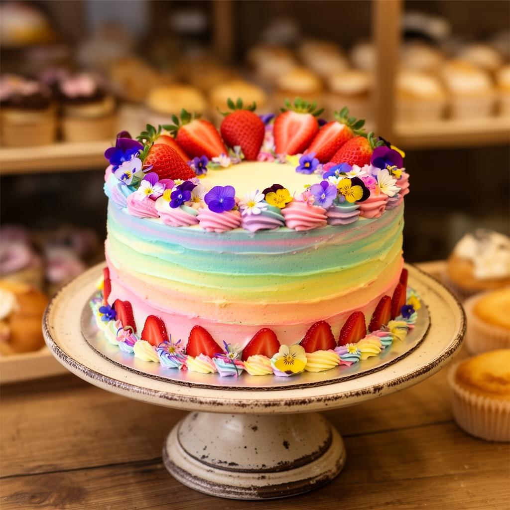 Beautifully decorated custom birthday cake with fresh strawberries and buttercream frosting