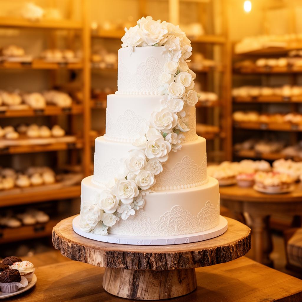 Beautiful multi-tiered custom wedding cake with delicate hand-piped buttercream flowers